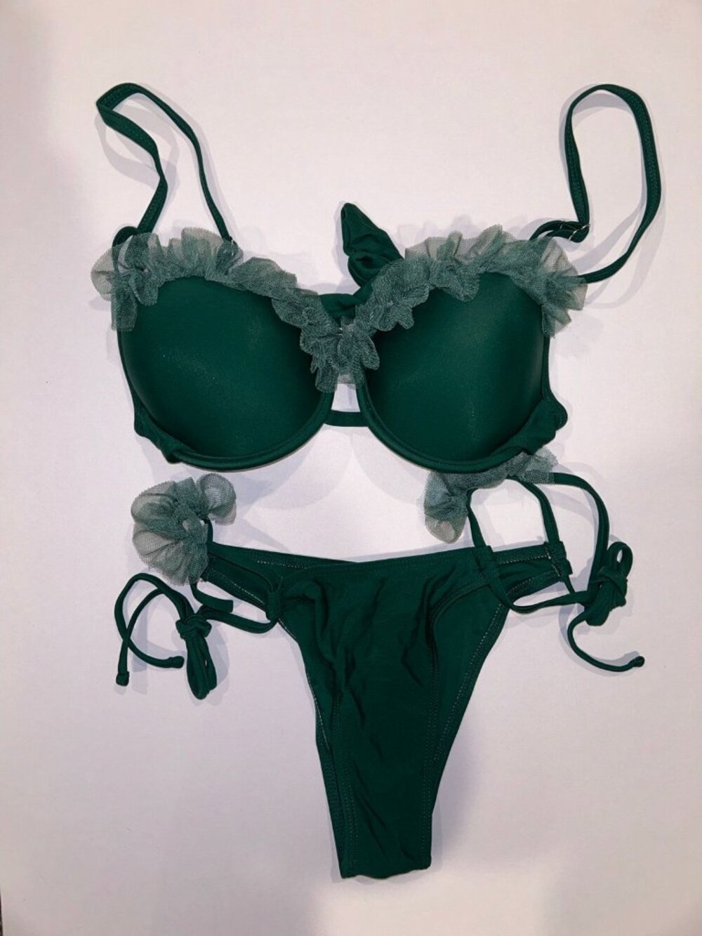 NEW Push Up Underwire Cheeky Bikini Swim Sz S Sexy Vacation Dark Green Tie Botto